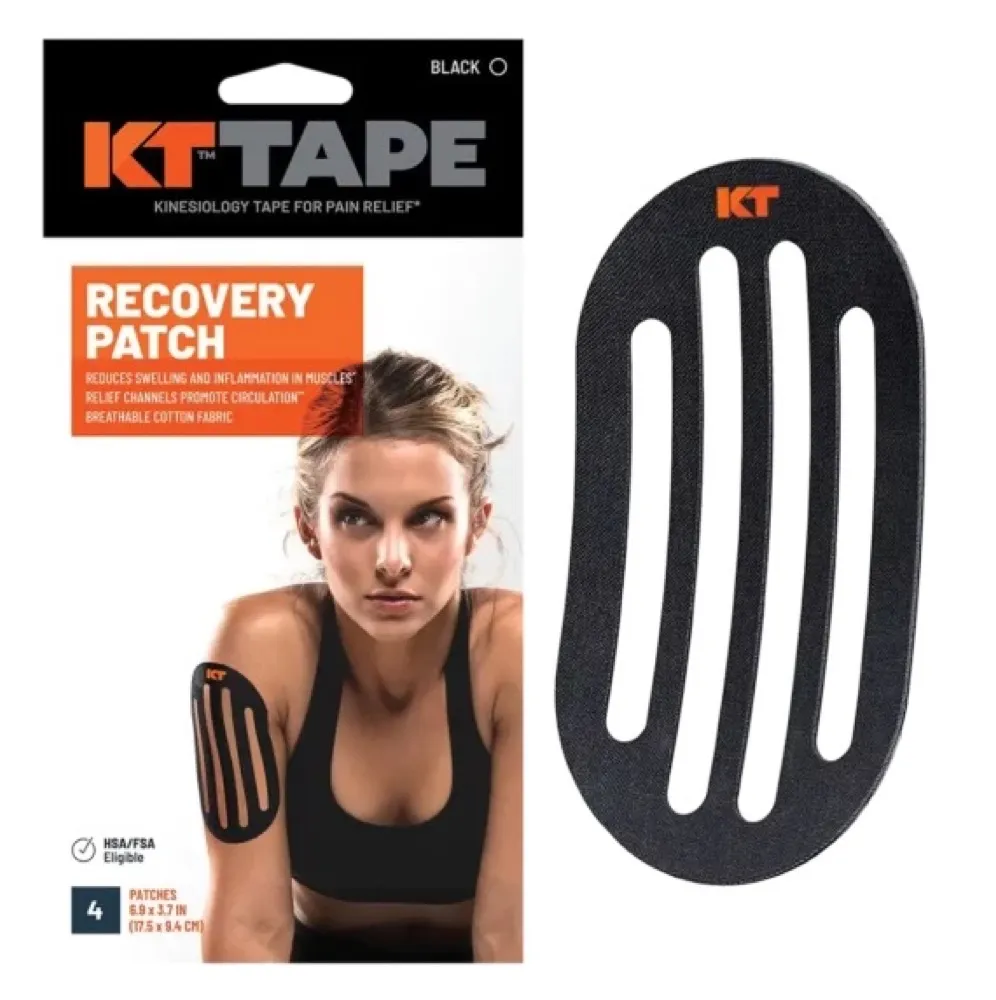 The picture shows the packaging and a KT Recovery Patch plaster. A woman has a patch on her upper arm.