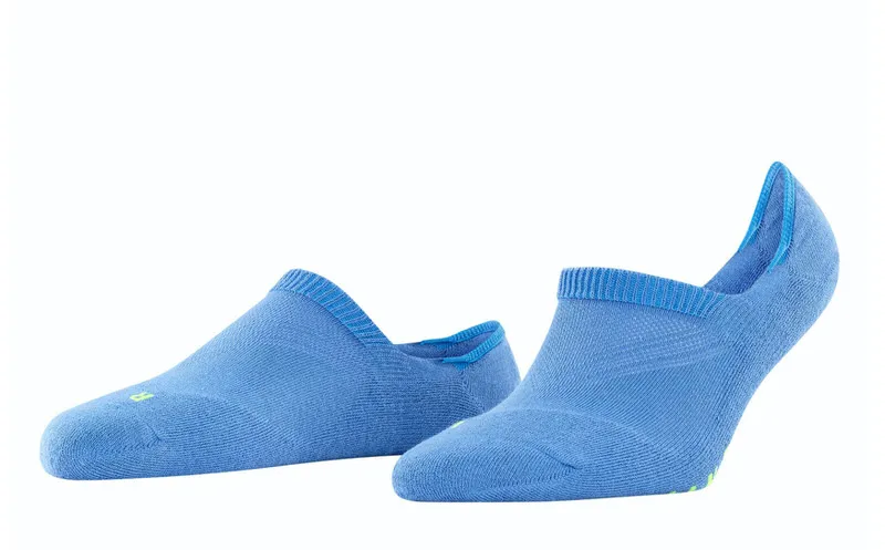 Two blue women's socks from the brand Falke "Cool Kick" with ribbed waistband, lying on the side.