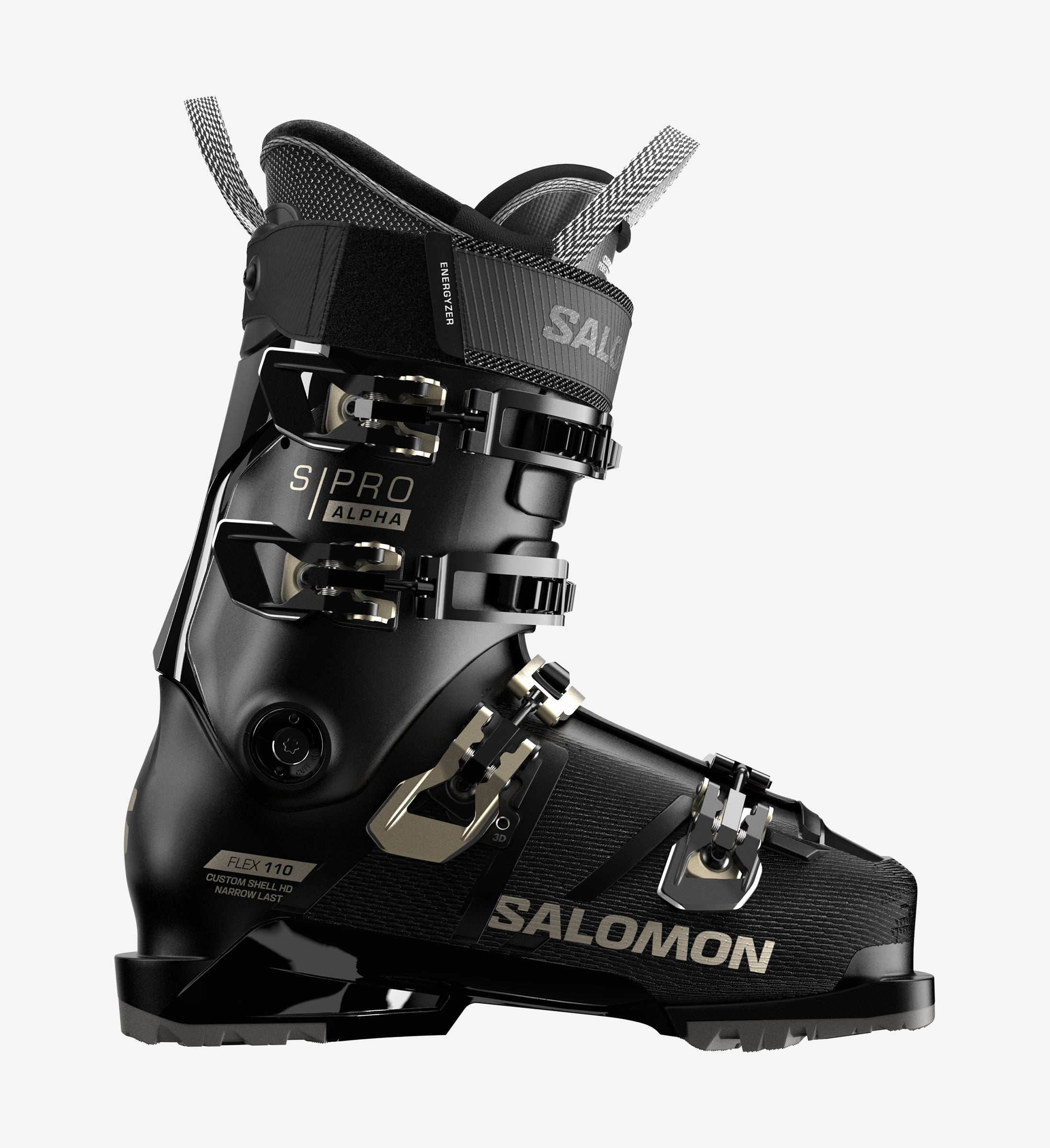 Schwarzer Salomon S/PRO ALPHA 110 W Skischuh, seitliche Ansicht, Schnallen und Markierungen sichtbar.