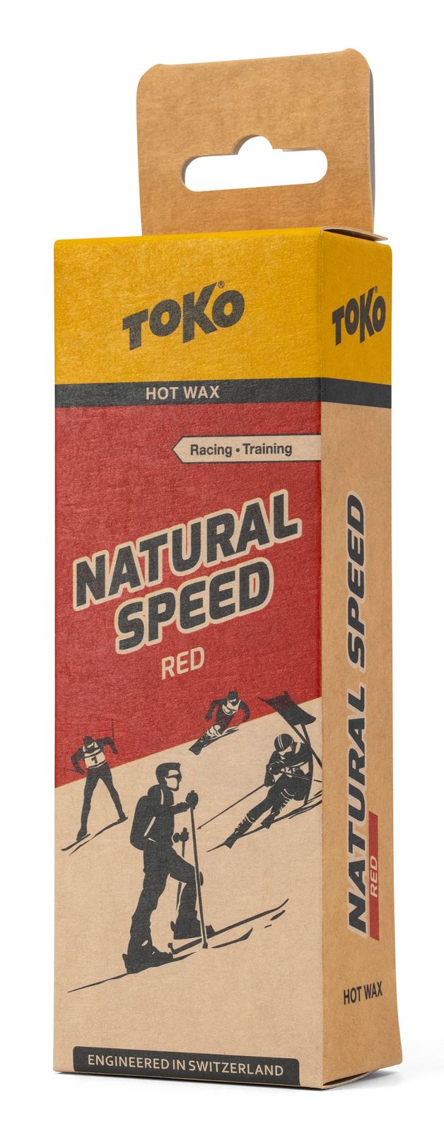 Verpackung des Toko Natural Speed Hot Wax red 120g, mit Skifahrer-Illustrationen.