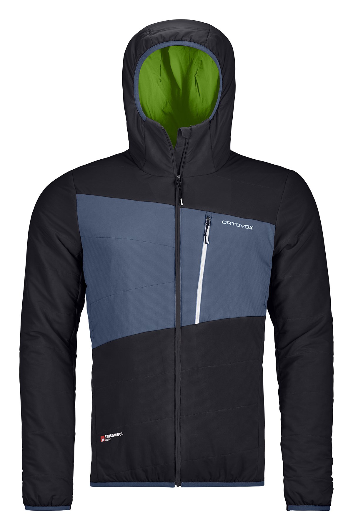 Schwarze Ortovox Zebru Swisswool Jacke für Herren mit Kapuze und blauem Einsatz, Reißverschluss und Brusttasche.