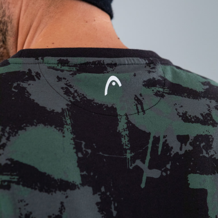 Detailansicht Race T-Shirt für Herren, Camouflage-Muster in Schwarz und Grün, mit Head-Logo.