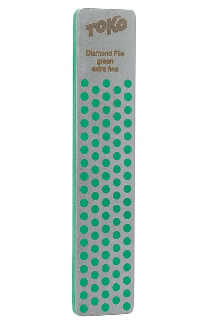 Green Toko diamond file with fine grit and silver surface with holes.