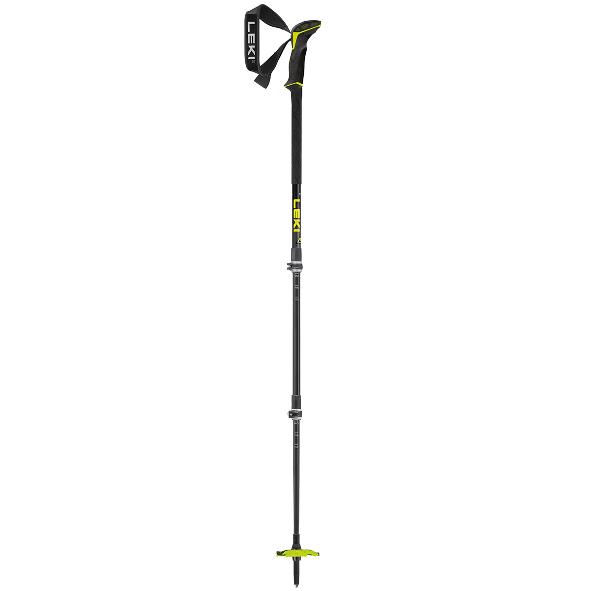 Leki Guide 3 Tourenstock Schwarzer, dreiteiliger Leki Guide 3 Tourenstock mit gelben Akzenten, Griff mit Handschlaufe und großem Teller.
