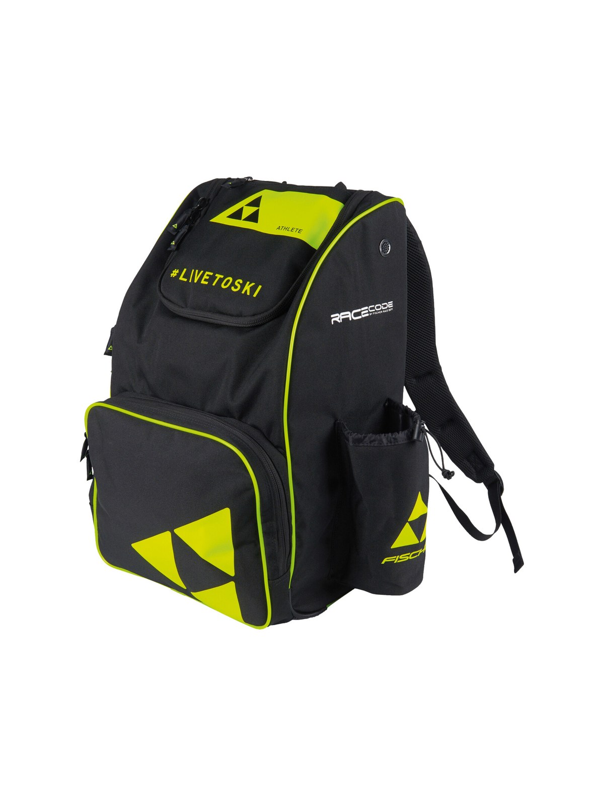 Sac à dos noir Fischer avec des touches de jaune fluo, des logos et l'inscription '#'LIVETOSKI', isolé sur du blanc.