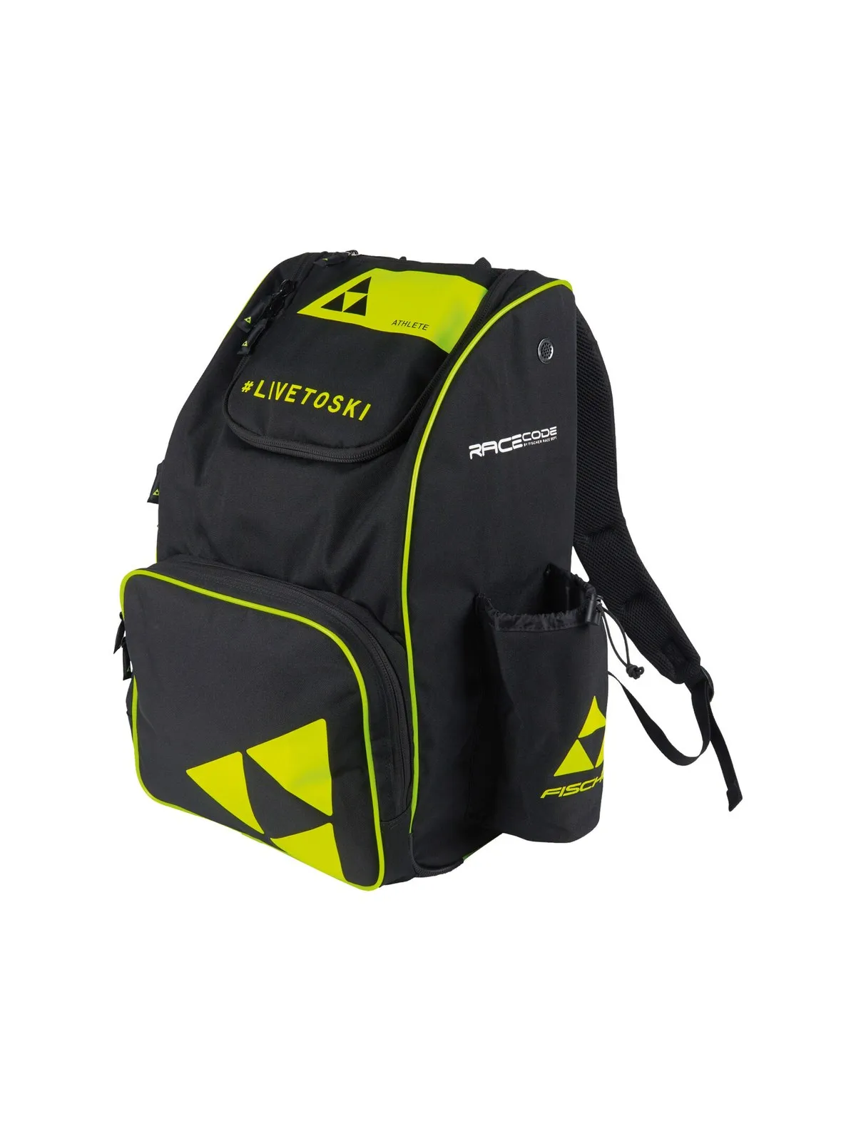 Black Fischer backpack with neon yellow accents, logos and '#'LIVETOSKI' lettering, isolated on white.