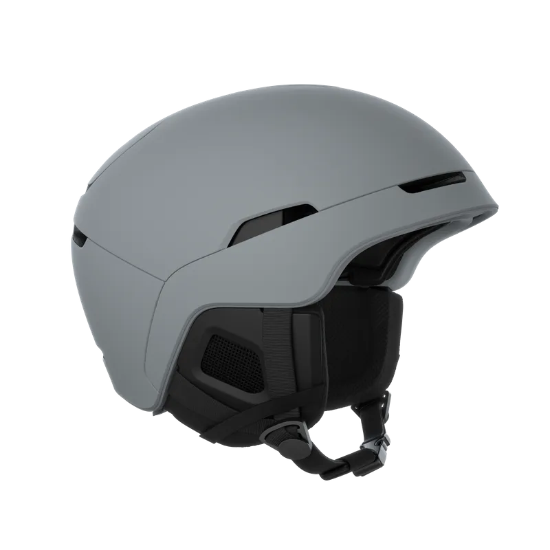 Top view of a gray ski helmet, POC Obex Mips Granite Grey Matt, with black details.