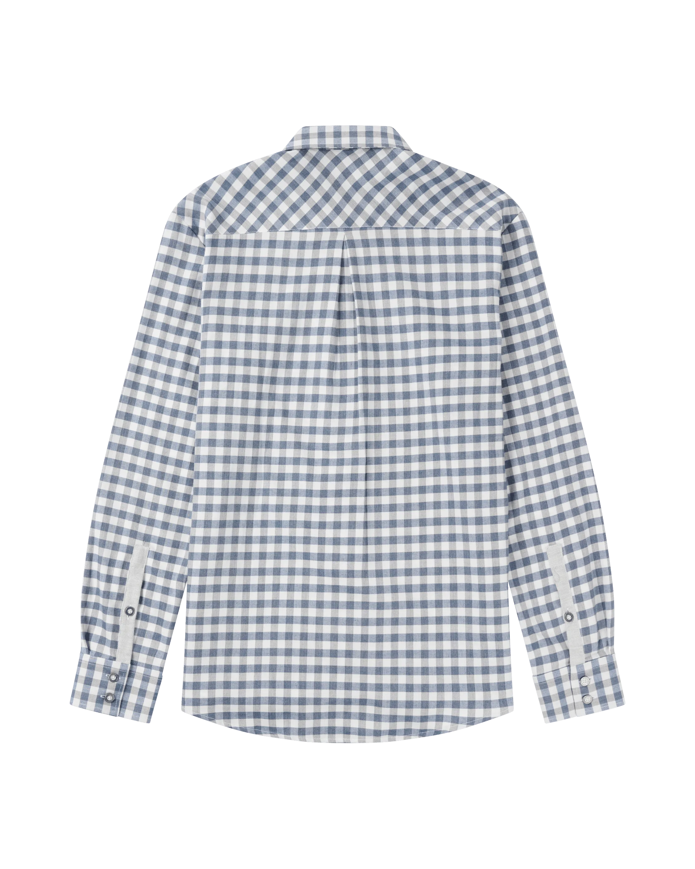 Langärmliges, kariertes Hemd in Blau und Weiß, Rückenansicht, mit Kragen und Manschetten.