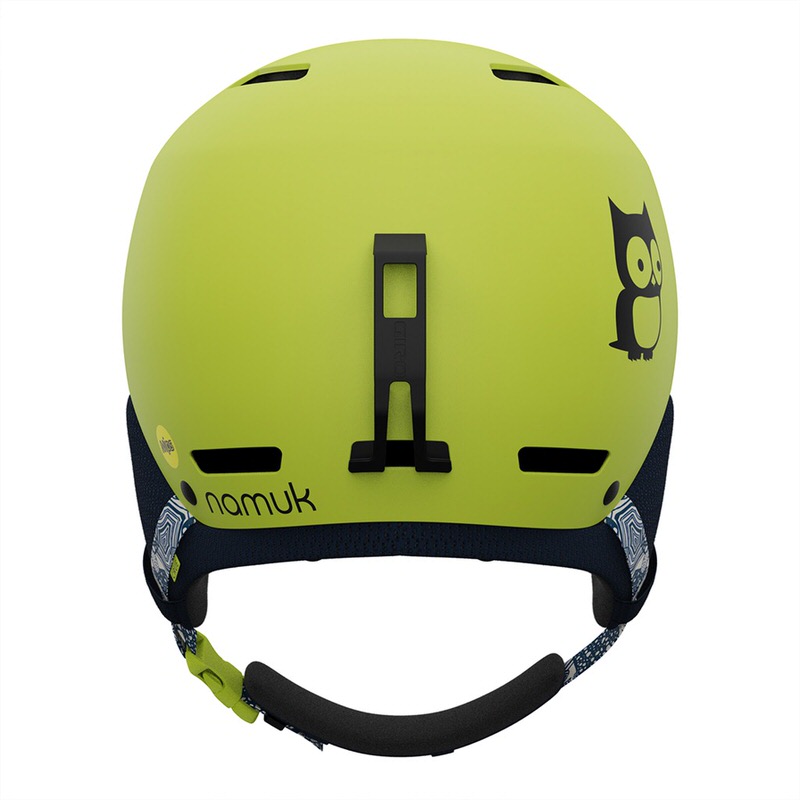 Rückansicht vom Giro Crüe Mips FS Skihelm in Gelb-Grün mit schwarzer Eule und Brillenhalterung.