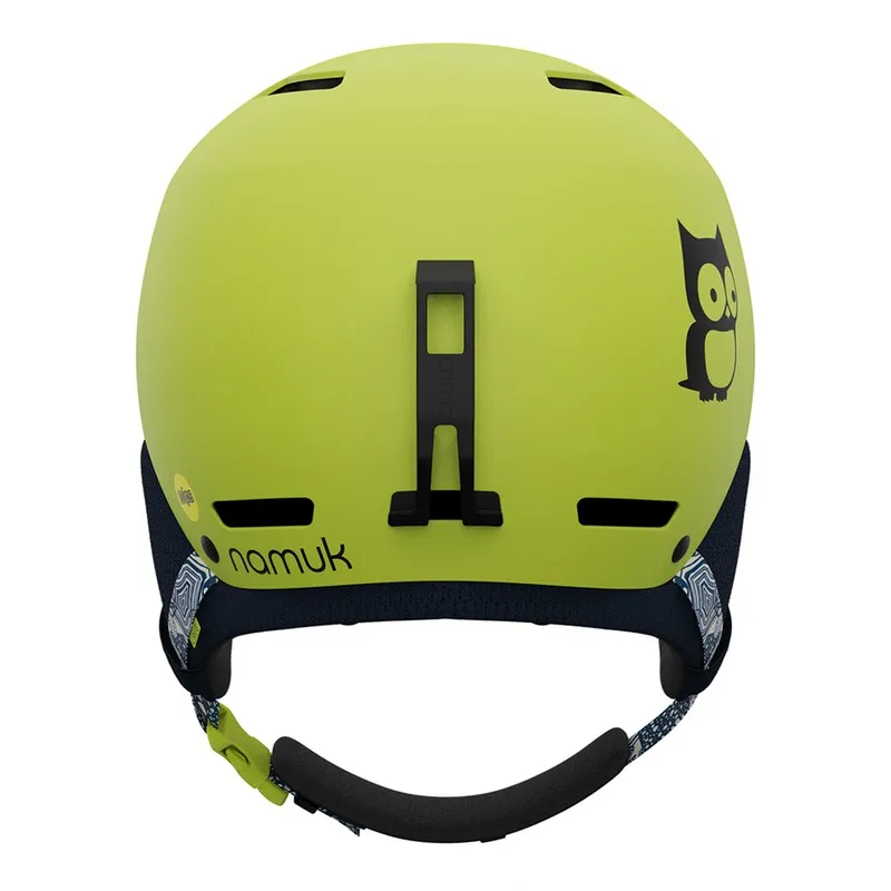 Rear view of the Giro Crüe Mips FS ski helmet in yellow-green with black owl and goggle holder.