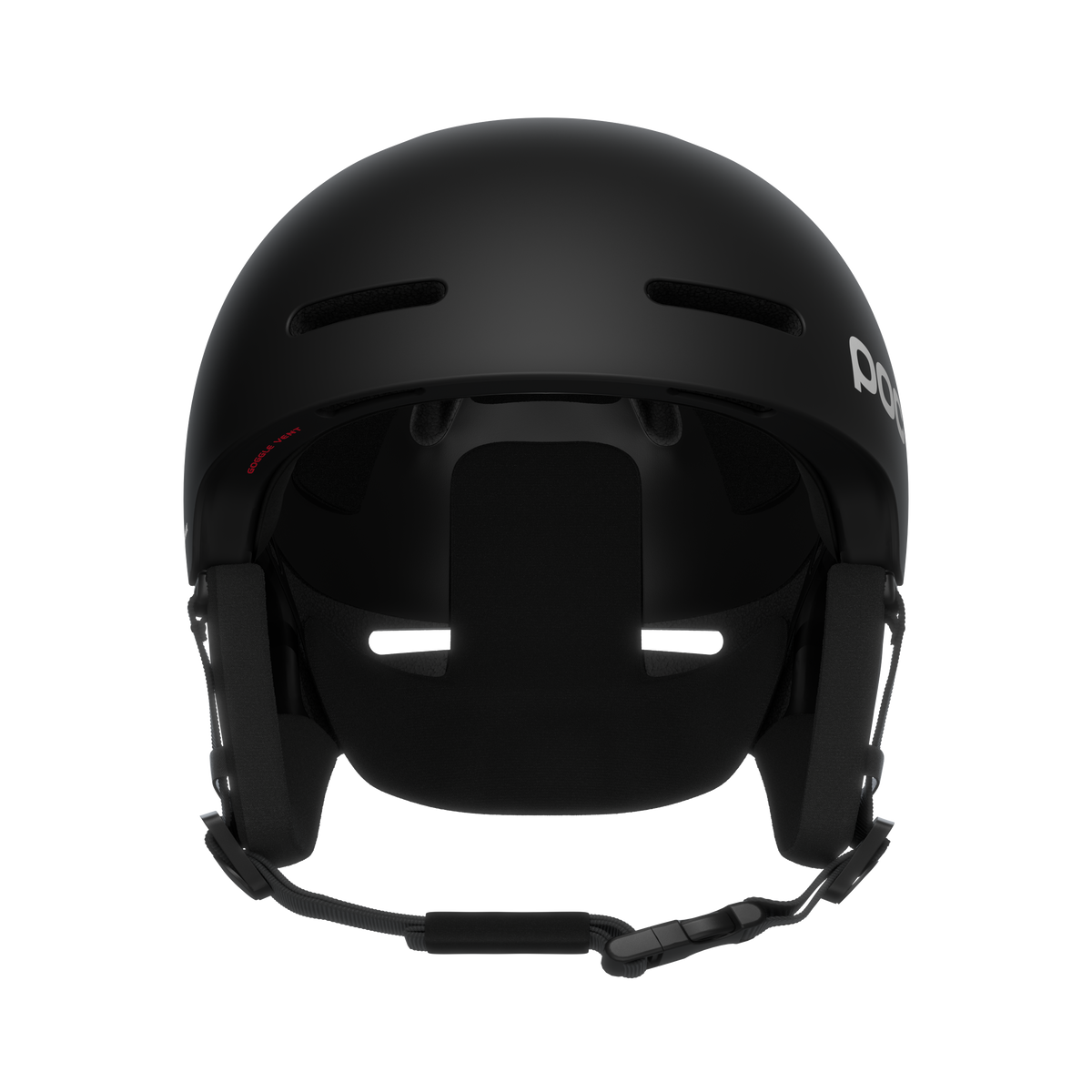 Casque de ski noir Poc Fornix Mips, vue de face, avec protège-oreilles et ouvertures d'aération.