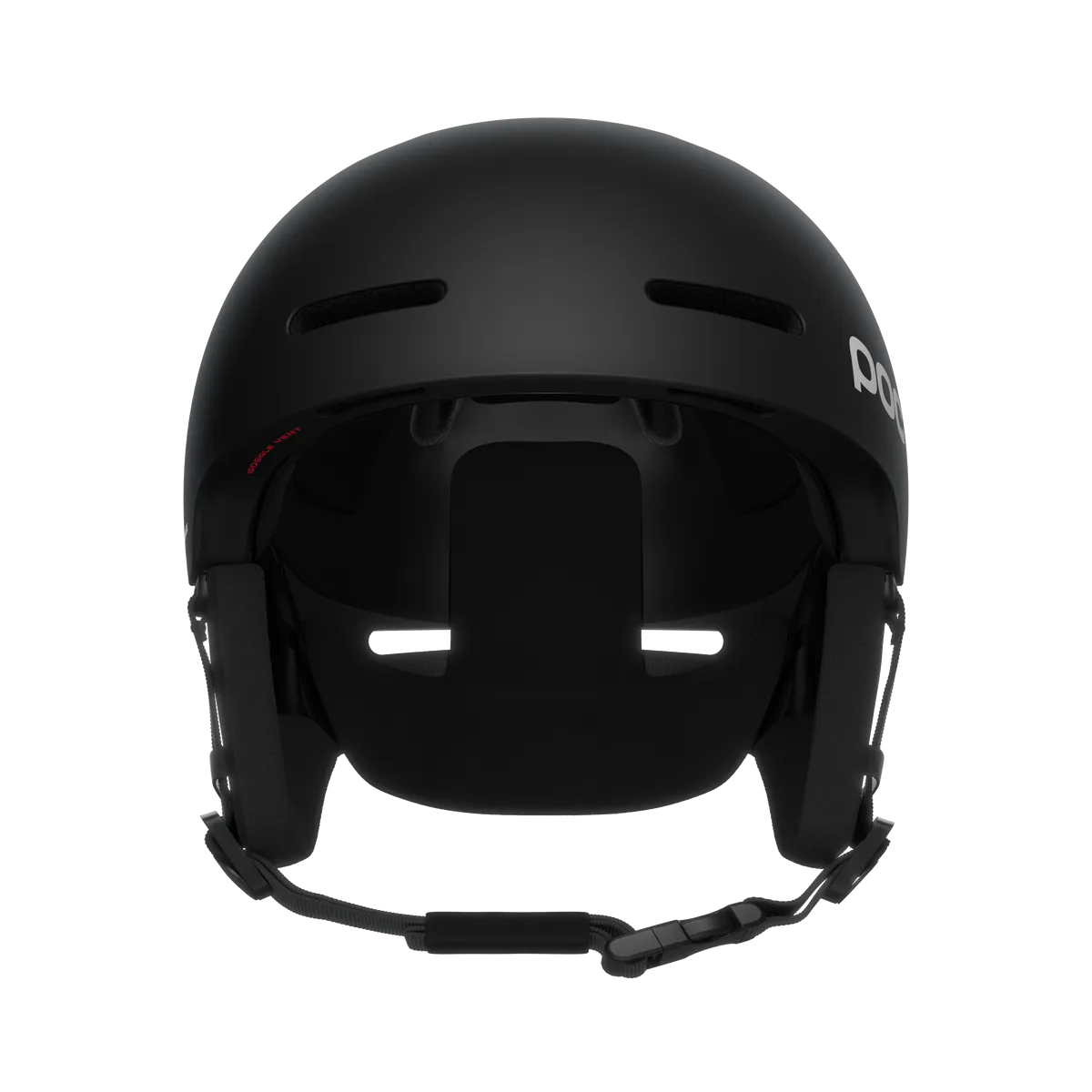 Casco da sci Poc Fornix Mips nero, vista frontale, con paraorecchie e aperture di ventilazione.