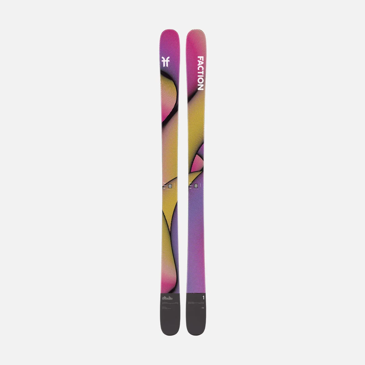 Two skis with abstract, colorful designs in yellow, pink and purple, vertically aligned on a white background.