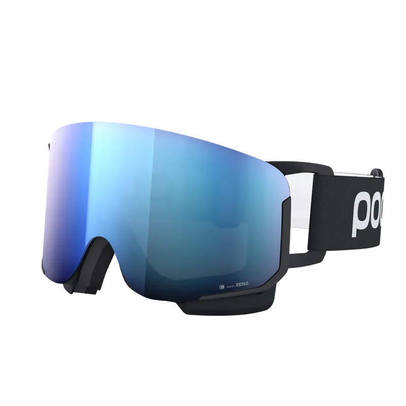 Lunettes de ski noires avec écran bleu réfléchissant et logo blanc sur le bandeau noir.