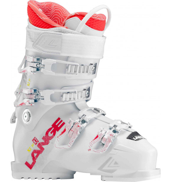Weißer Lange XT 70 W Skischuh mit Schnallen und roten Akzenten.
