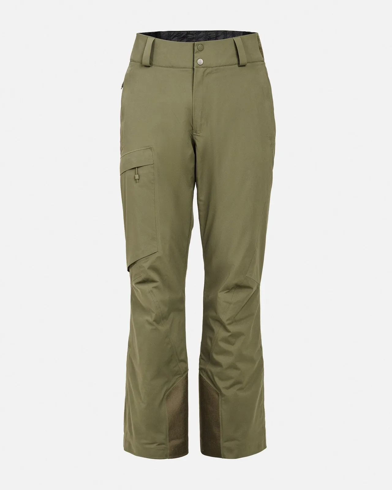 Winter moss-colored P-1 GORE-TEX 2L Stretch Insulated trousers, front on white background, with cargo pocket and reinforced leg ends.