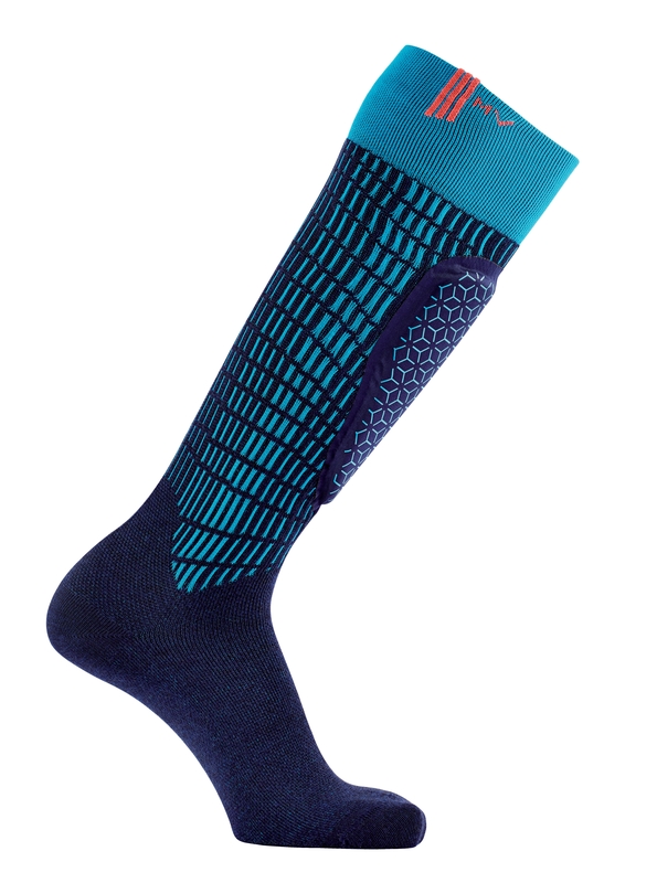 Kniehohe Skisocke Blau Kniehohe Skisocke in Blau mit Schienbeinschutz und kariertem Muster.