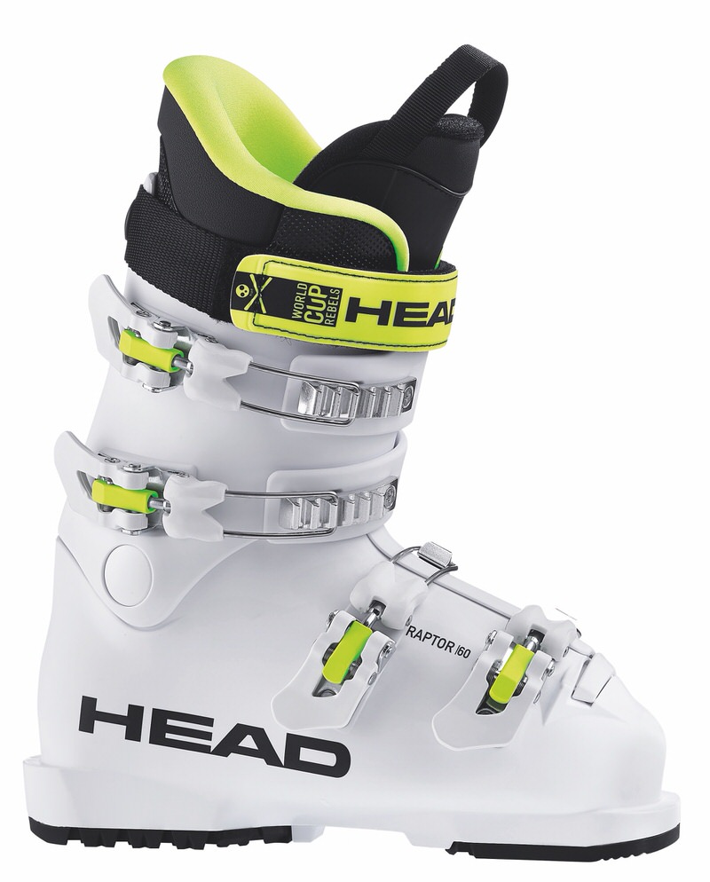 Weißer Raptor Skischuh Weisser Head Raptor 60 Skischuh mit vier Schnallen und gelben Akzenten.