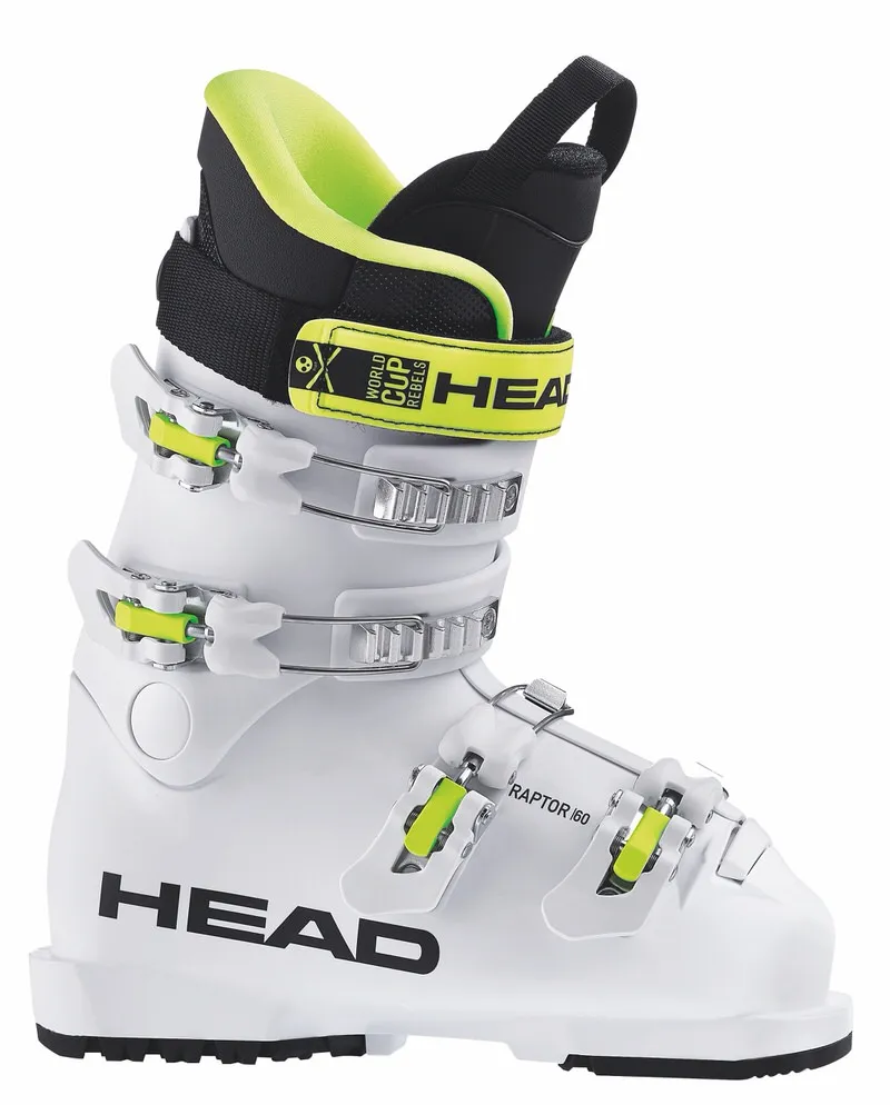 White Head Raptor 60 ski boot with four buckles and yellow accents.