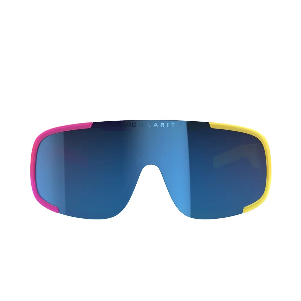 POC Aspire Mid goggles with blue lenses and pink-yellow front frame.