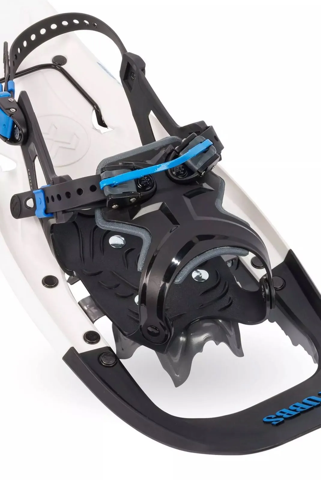 Close-up of the Tubbs Flex Alp 25 men's snowshoe in white and blue with ActiveFit 2.0 binding and toothed traction rails.