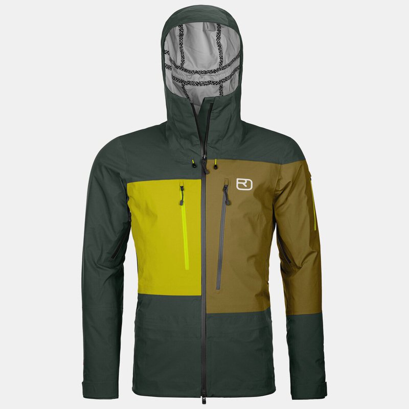 Green Ortovox 3L Deep Shell jacket for men with hood and zippers in yellow and olive.