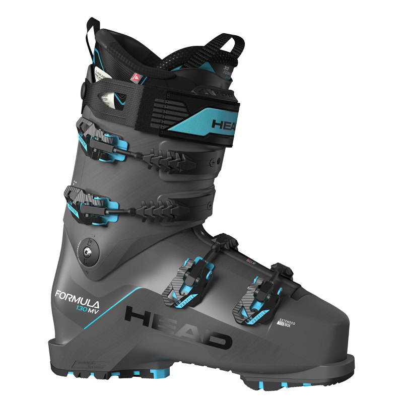 Anthrazitfarbener Head Formula 130 MV GW Skischuh mit blauen Akzenten und vier Schnallen, seitliche Ansicht.