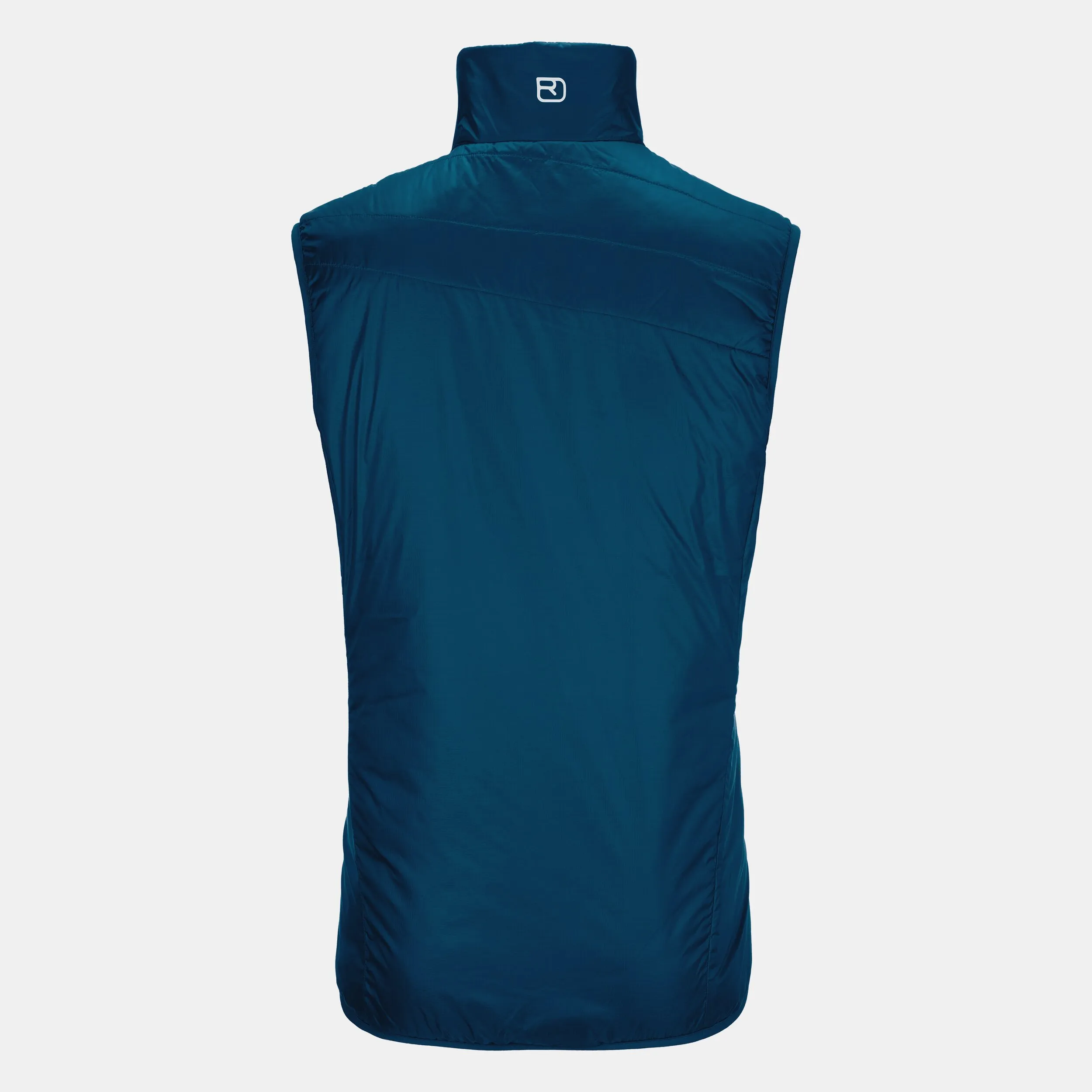 Rear view of the petrol blue Ortovox PIZ Cartas vest. Logo on the collar.