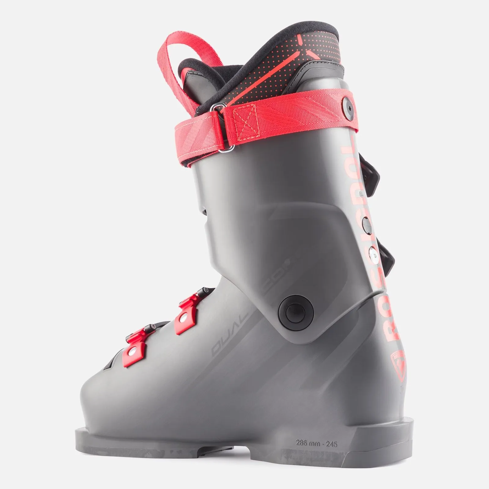 Grauer Hero World Cup 70 SC Skischuh von der Seite, rote Schnalle und Details.