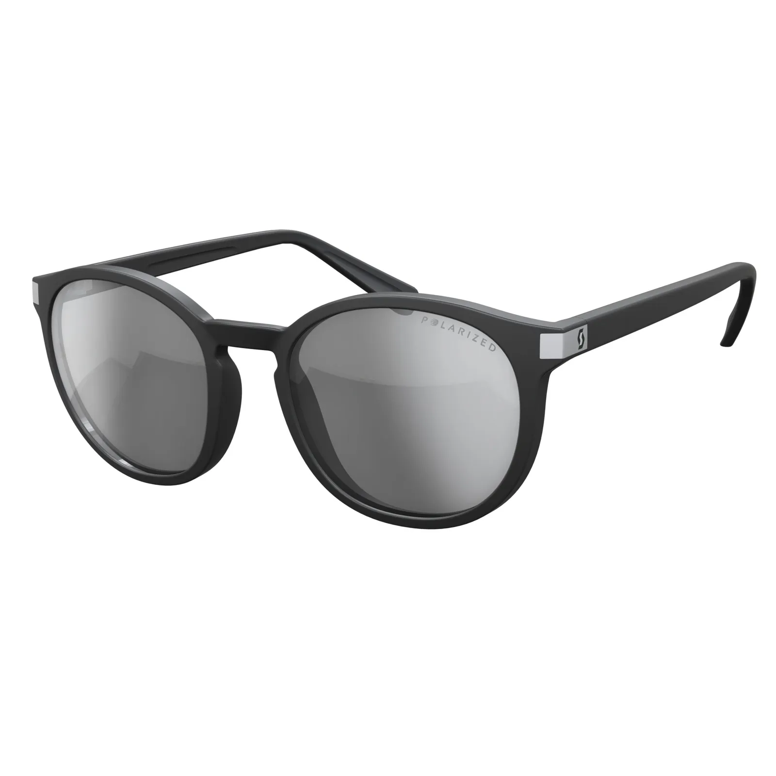 Black, polarized SCOTT Riff glasses with round, grey mirrored lenses, front view.