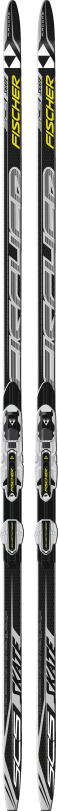 Deux Fischer SCS Skate Ski, design noir avec des accents jaunes et argentés, fixations incluses.
