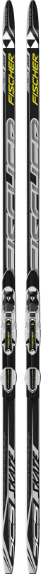 Two Fischer SCS skate skis, black design with yellow and silver accents, including bindings.