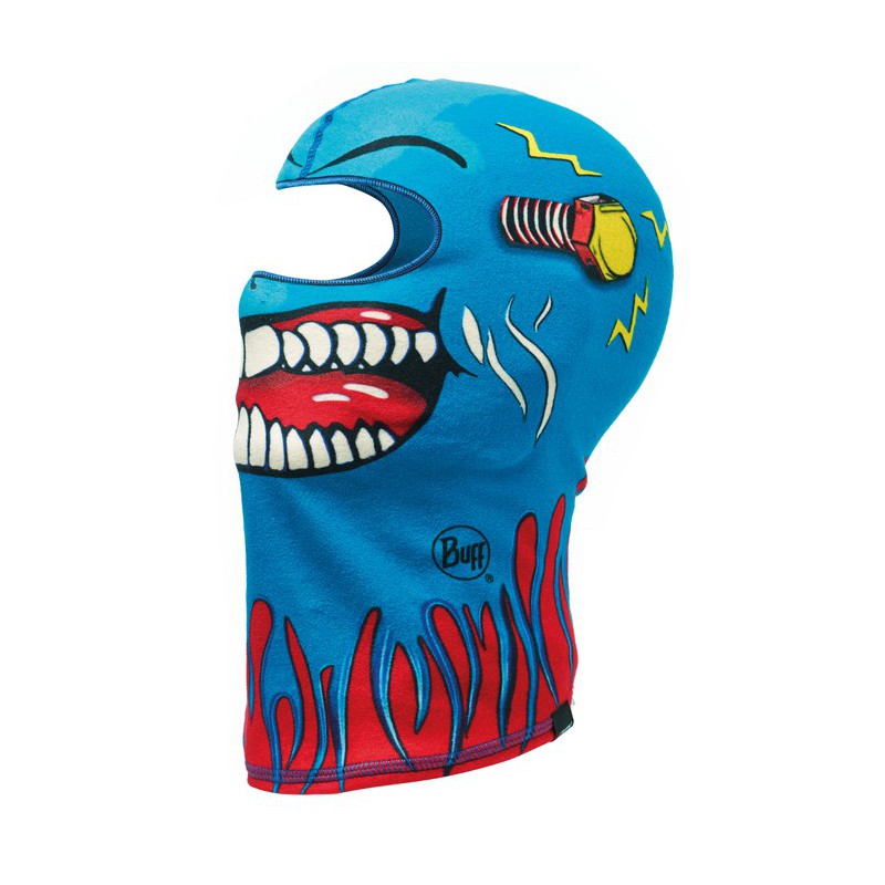Blue children's balaclava with a large, grinning monster face and red flames at the bottom.