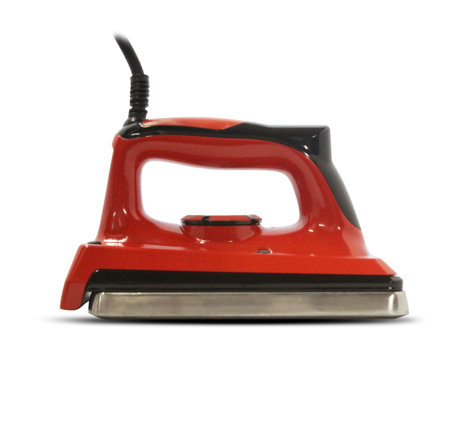 Rotes Waxing Iron, Bügeleisen für Skiwachs, mit schwarzem Griff und silberner Heizplatte, Seitenansicht.