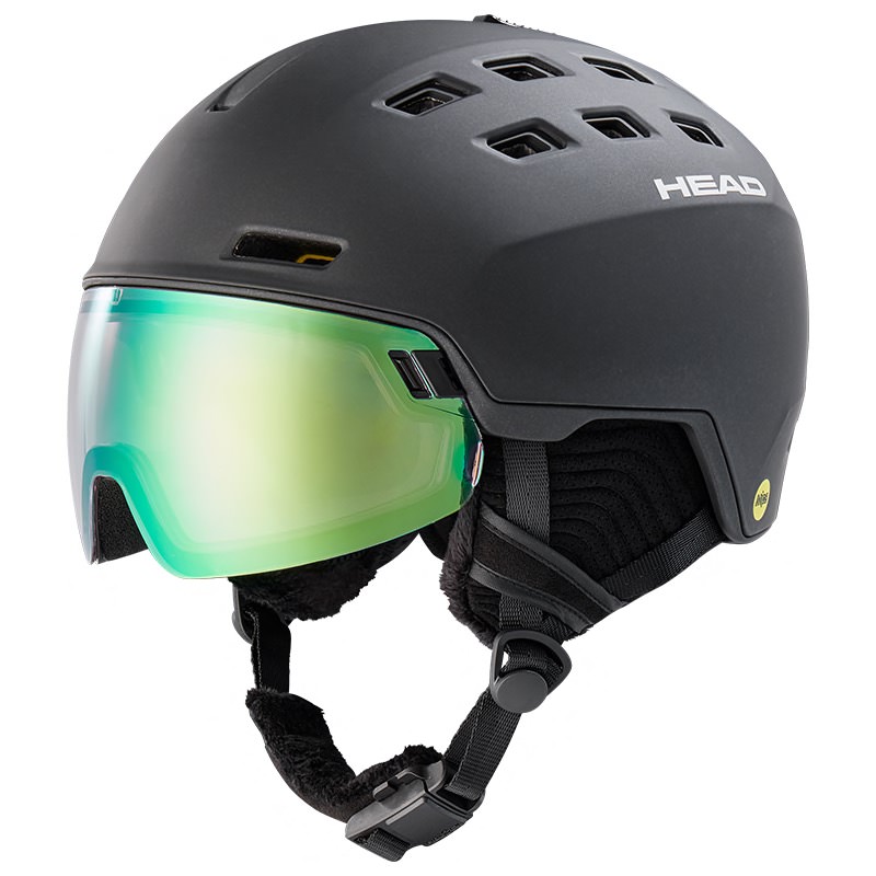 Schwarzer Skihelm "Head Radar 5K Photo Mips" mit grün schimmerndem Visier und Belüftungsöffnungen.