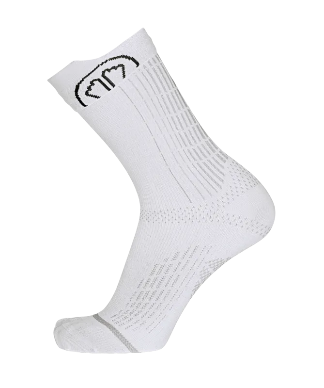 A white sock with a black logo and gray stripes.