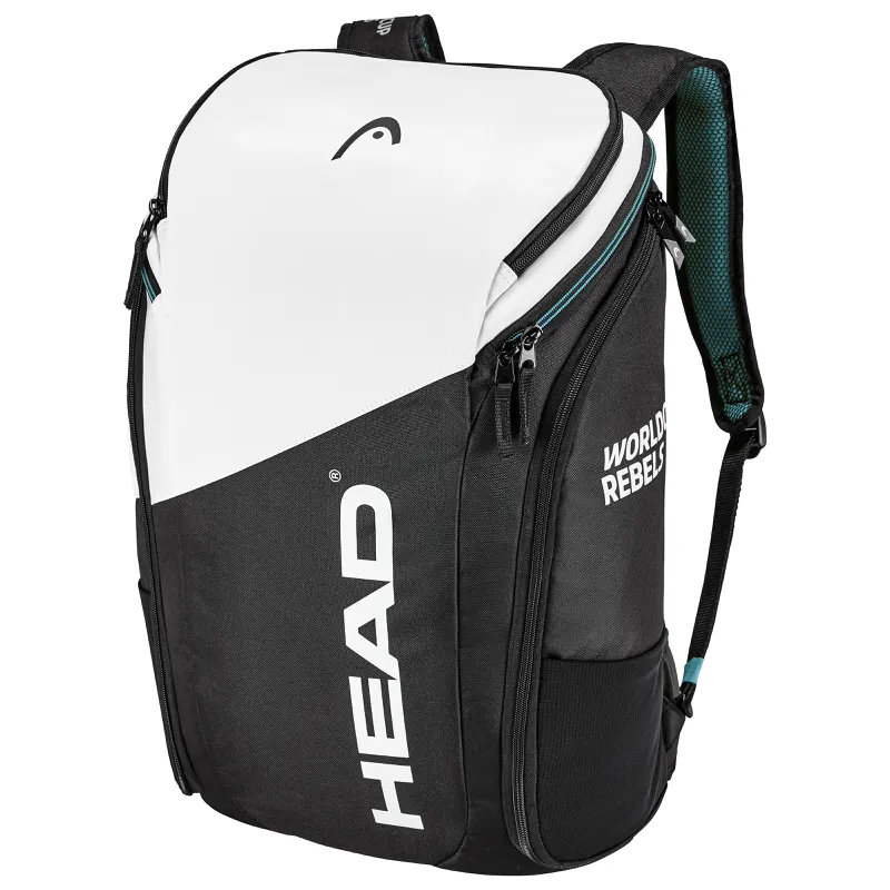 Head Rebels Backpack 2024, sac à dos noir et blanc avec logo Head et bretelles, fermetures éclair latérales.