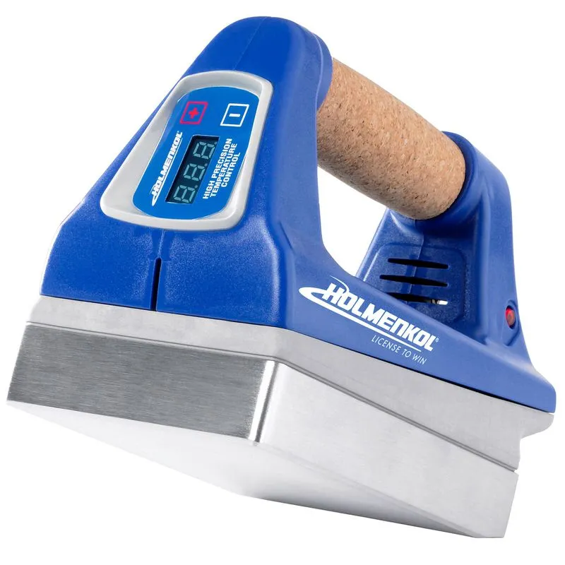 Blue digital racing waxer with cork handle and silver 25 mm plate. The display shows the temperature.