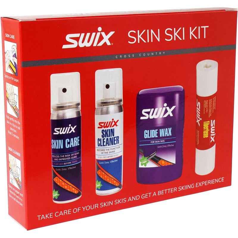 Swix Skin Ski Kit Cross Country Set mit Skin Care, Cleaner, Glide Wax und Fiberlene in roter Verpackung.