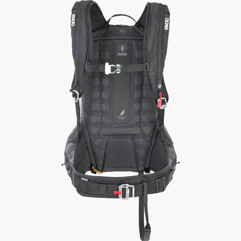 Black Evoc Line R.A.S. Protector 22L backpack with back protector, straps and straps.