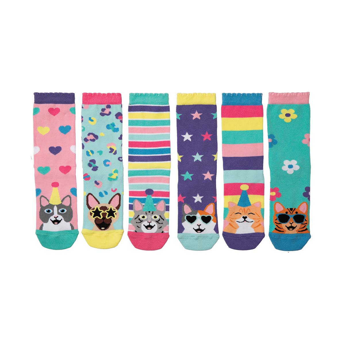Sechs bunte, gemusterte United Oddsocks 'Kitten Heels' mit Katzenmotiven.