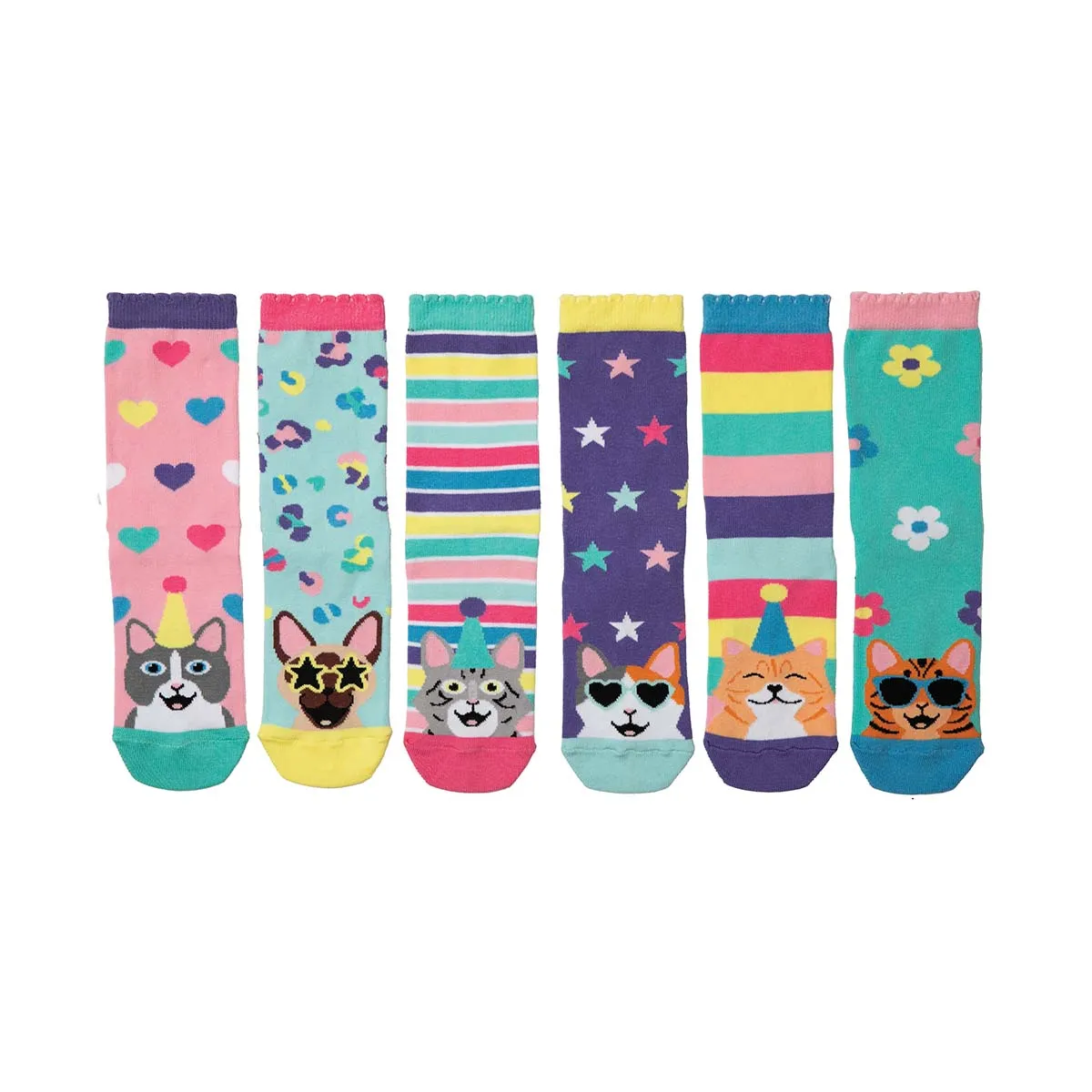Sechs bunte, gemusterte United Oddsocks 'Kitten Heels' mit Katzenmotiven.