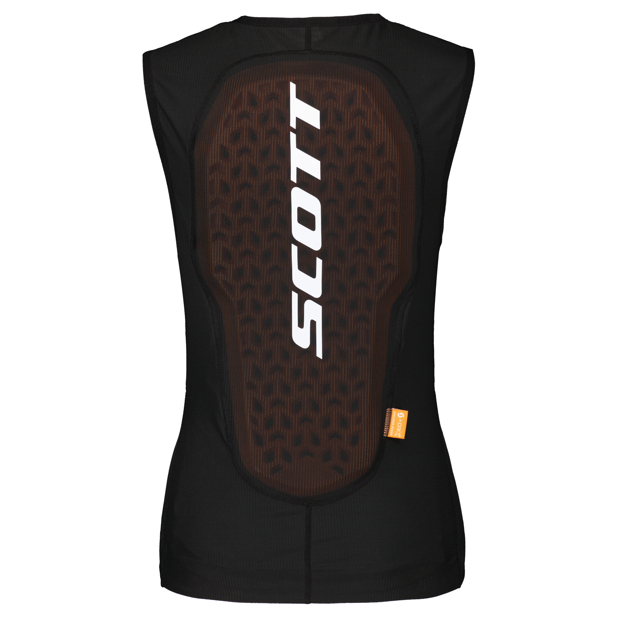Schwarze Scott Airflow Weste Rückansicht der schwarzen Scott Airflow Frauenweste mit weißem Scott-Logo über Rückenprotektor.