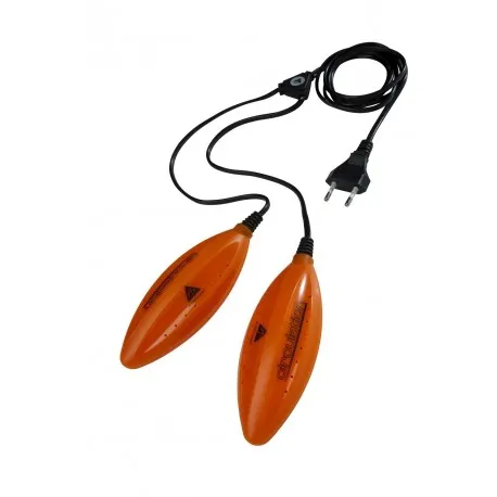 Orange Alpenheat shoe dryer with cable and plug on a white background.