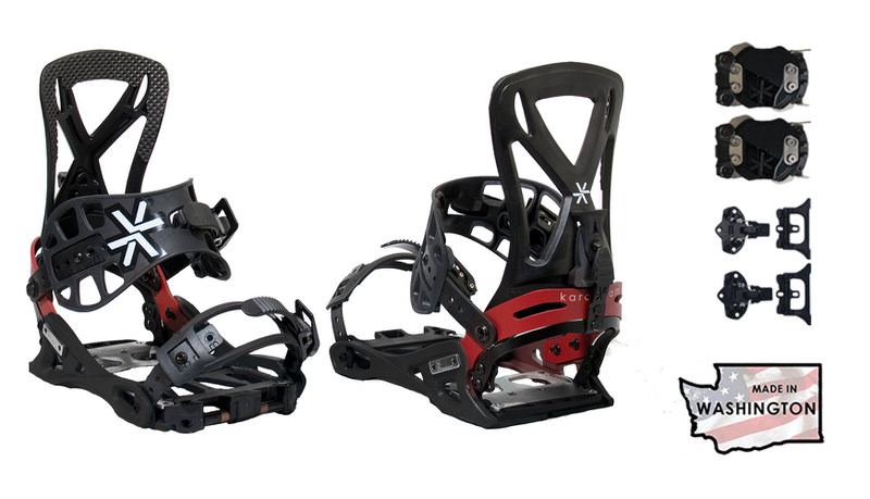 Schwarze Karakoram Grizzly Split Connect Interface Men Snowboardbindung, mit Interface-Zubehör und "Made in Washington"-Flagge.