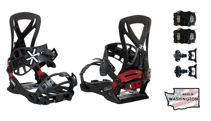 Black Karakoram Grizzly Split Connect Interface Men snowboard binding, with interface accessories and "Made in Washington" flag.