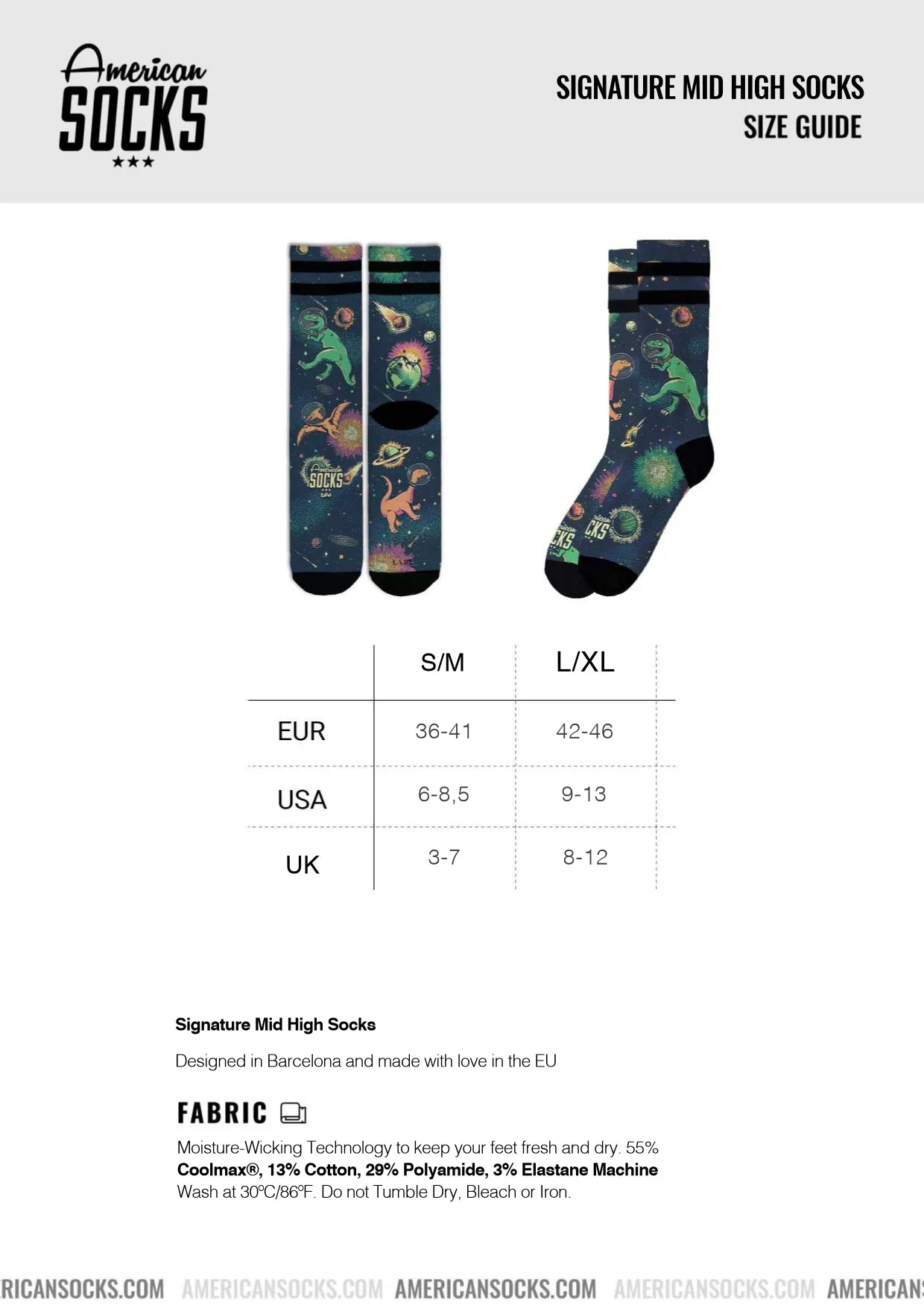 Size chart for American Socks Giftbox. Mid High socks with dinosaur pattern. Sizing EUR, USA, UK.