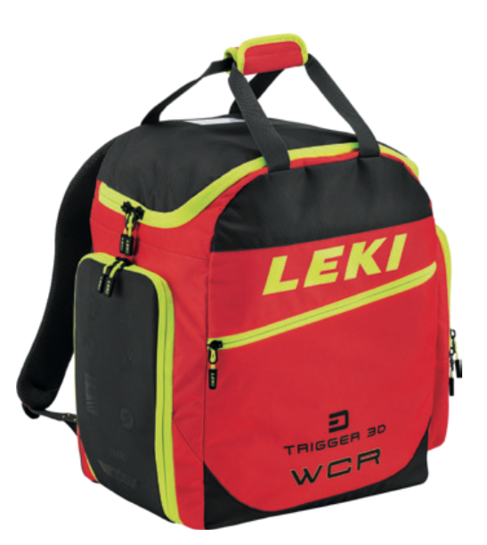 Roter Leki Bootbag WCR 60L. Schwarze Akzente und Reißverschlüsse. Tragegriff und Schultergurte. Logo und Schriftzug.