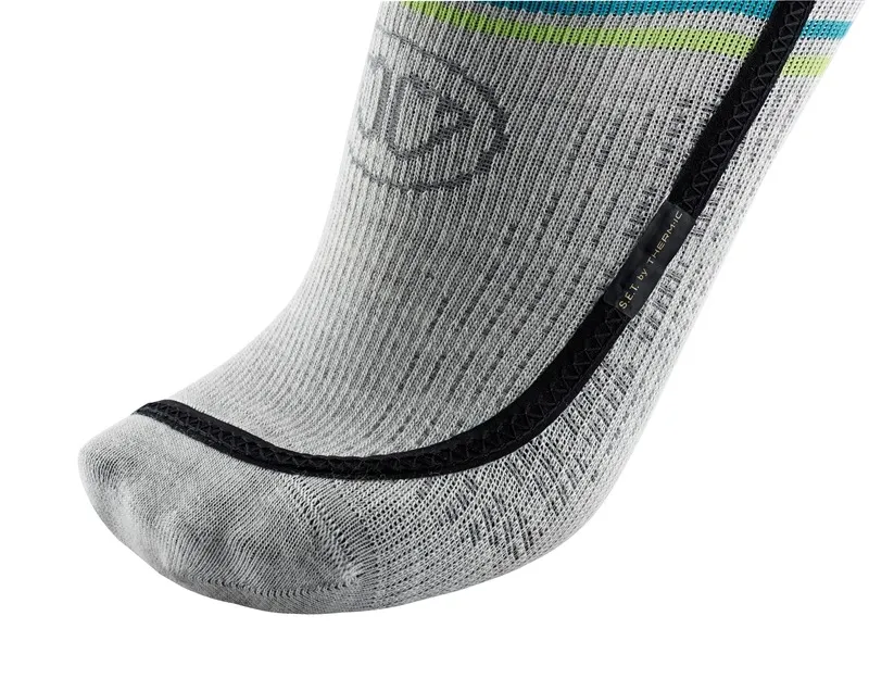 Close-up of a gray Sidas Ski Heat Race S.E.T sock with a thin heating element in the toe area.