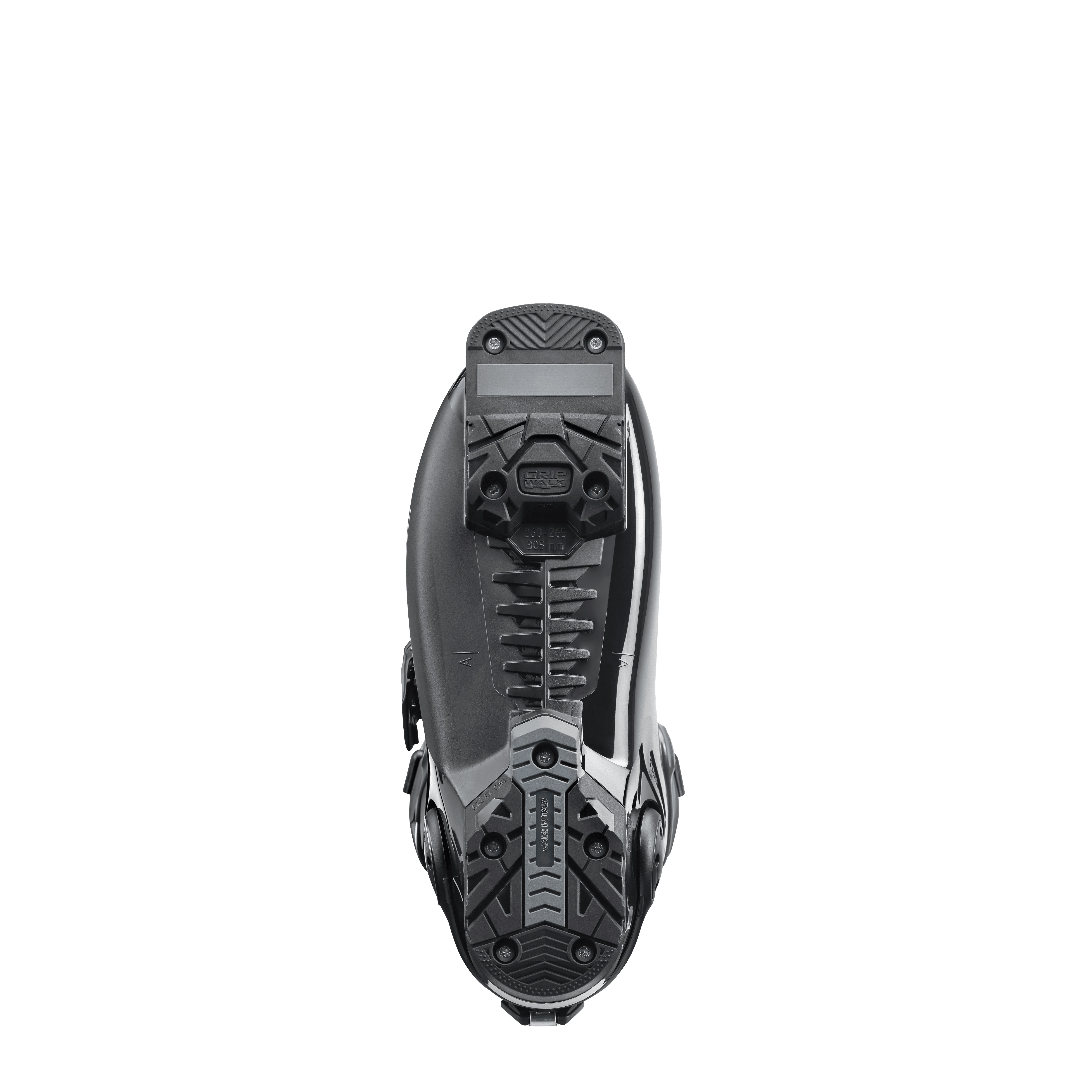 Ansicht der Schuhsohle des Nordica HF 110 GW Skischuhs mit GripWalk, Details und Schrauben sichtbar.